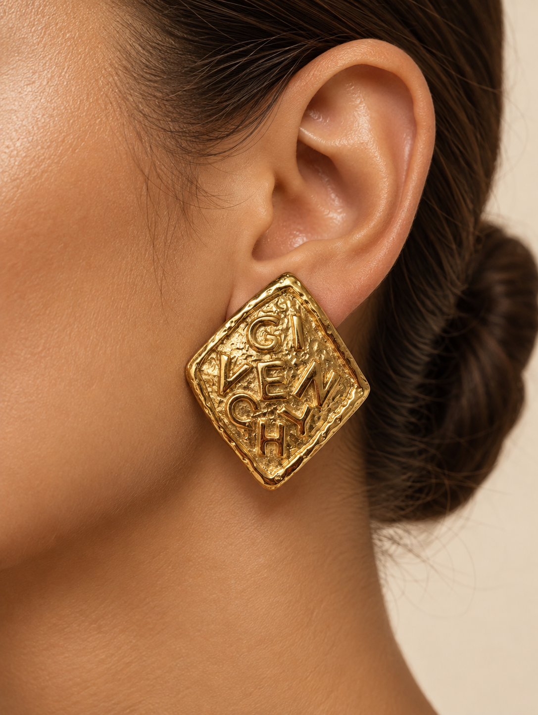 Givenchy 1980’s Logo Sign Spell Out Gold Diamond Statement Clip On Earrings