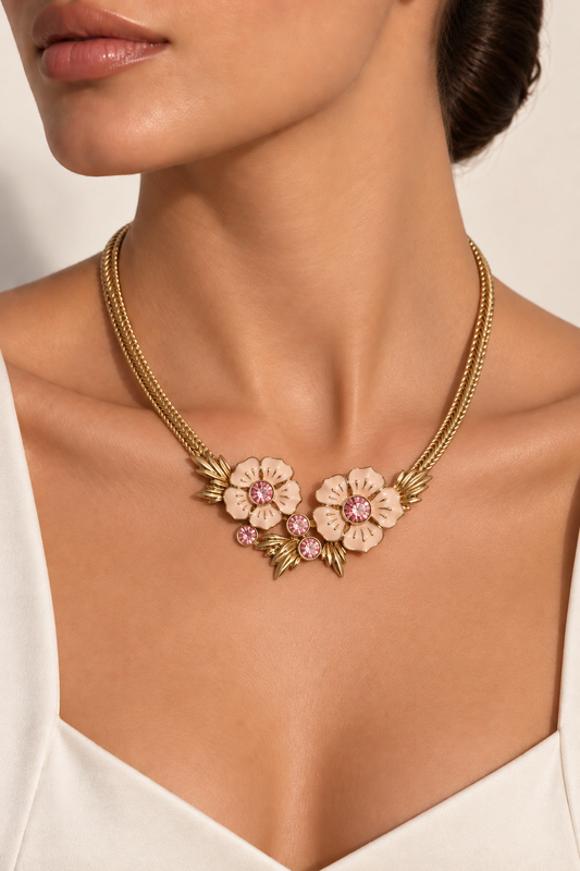 Vintage Blush Blossom Gold-Plated Necklace & Earrings Set