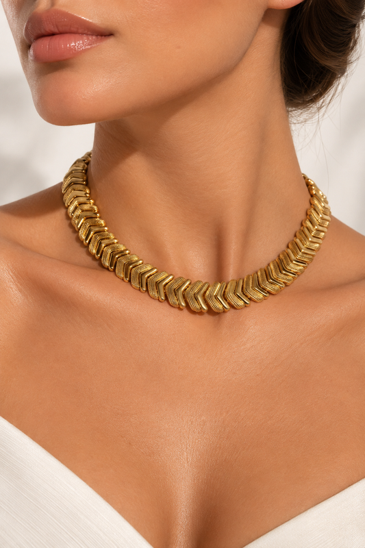 Vintage Sculpted Chevron Necklace & Earrings Set
