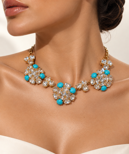 Vintage Turquoise Crystal Floral Statement Jewelry Set