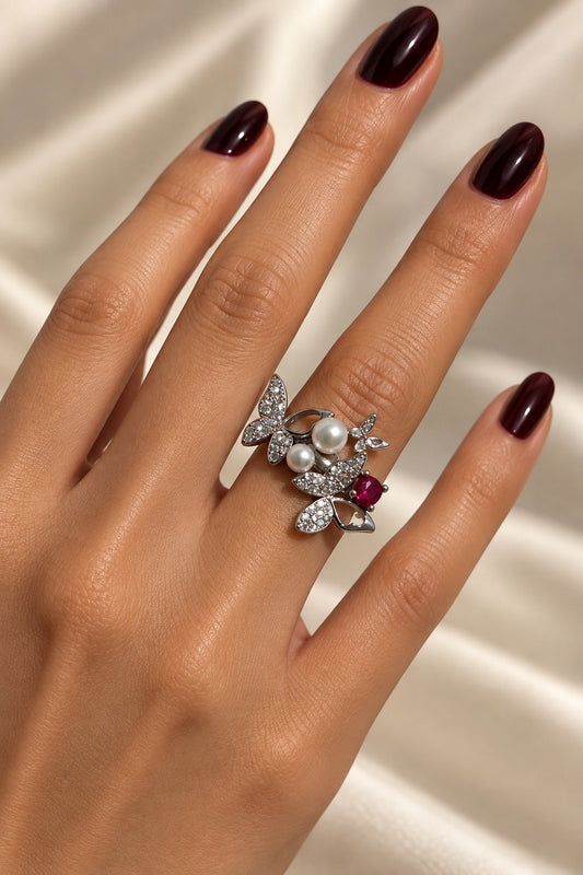 S925 Pearl & Ruby Butterfly Statement Ring