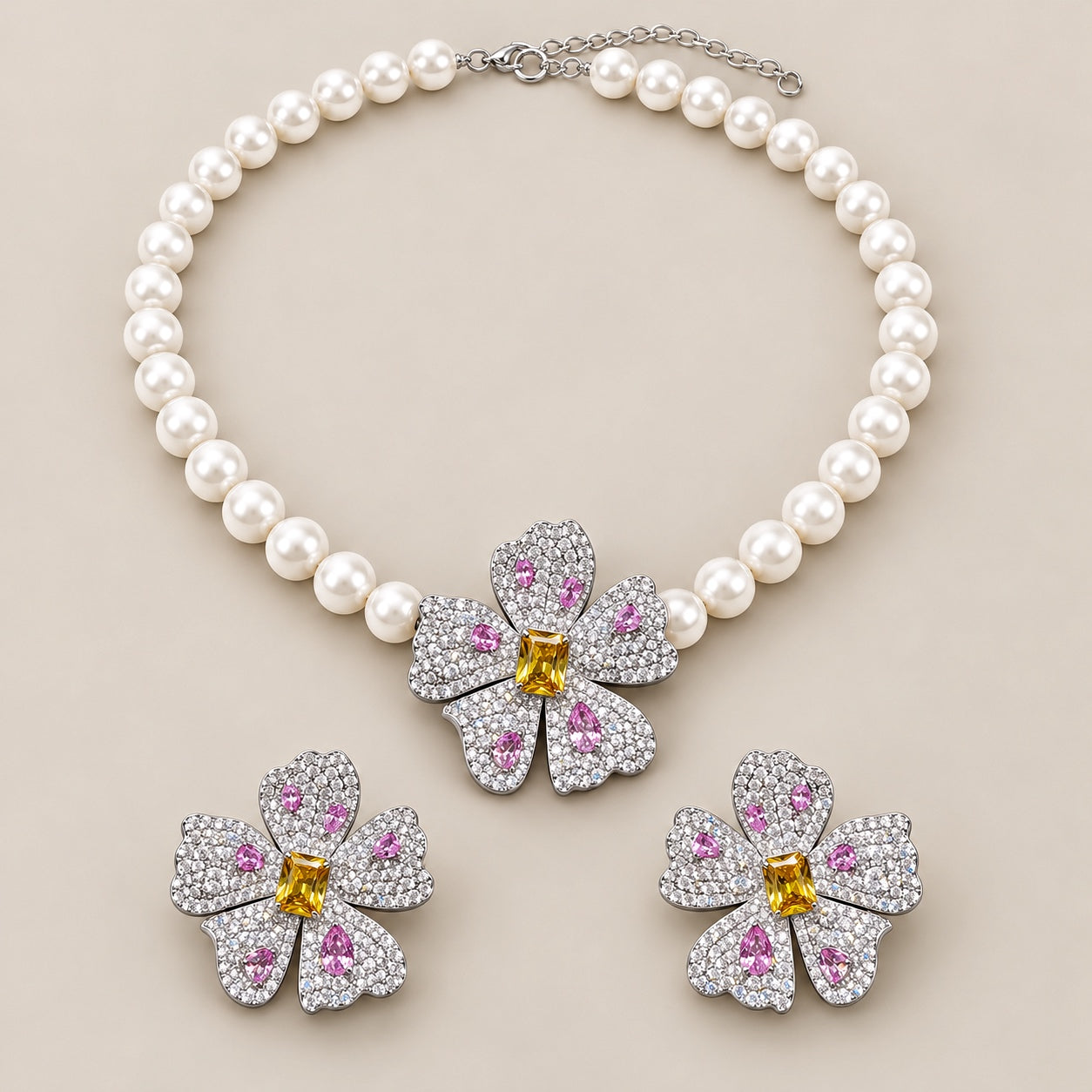 Golden Blossom Pearl Choker Jewelry Set