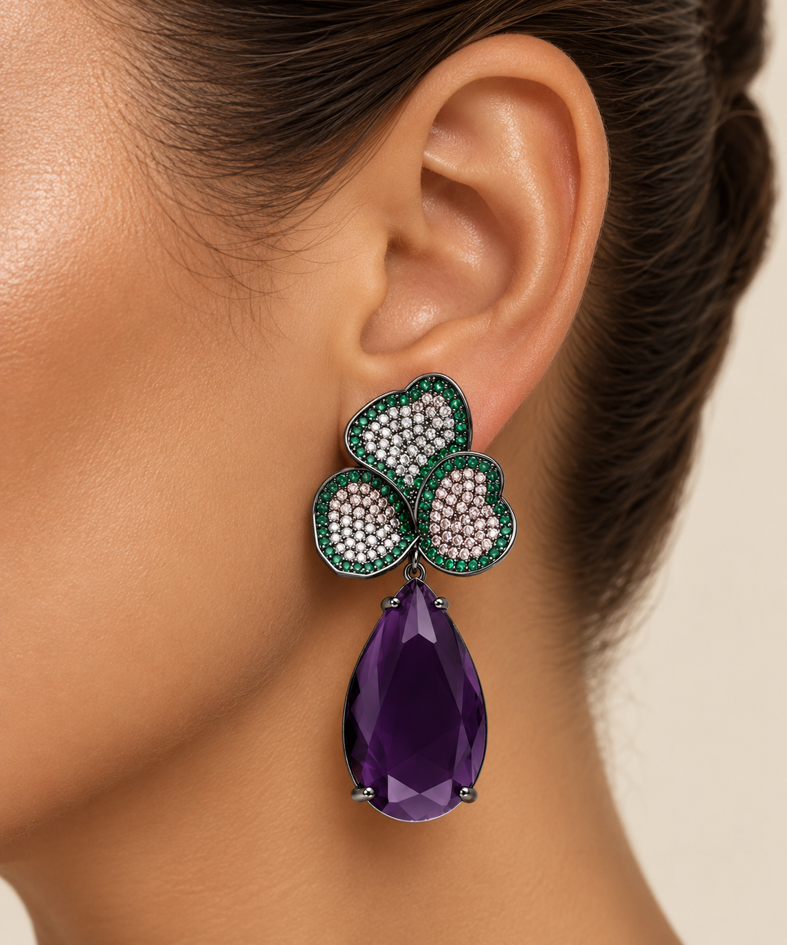 Amethyst Emerald Petal Drop Earrings “Pre-order “