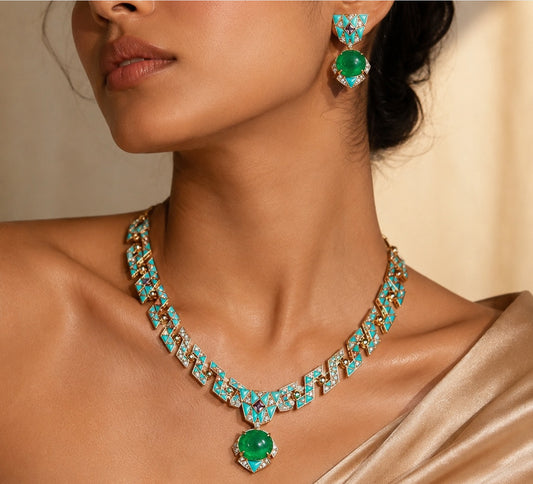 High end gold plated faux emerald  jewelry set “Pre-order “