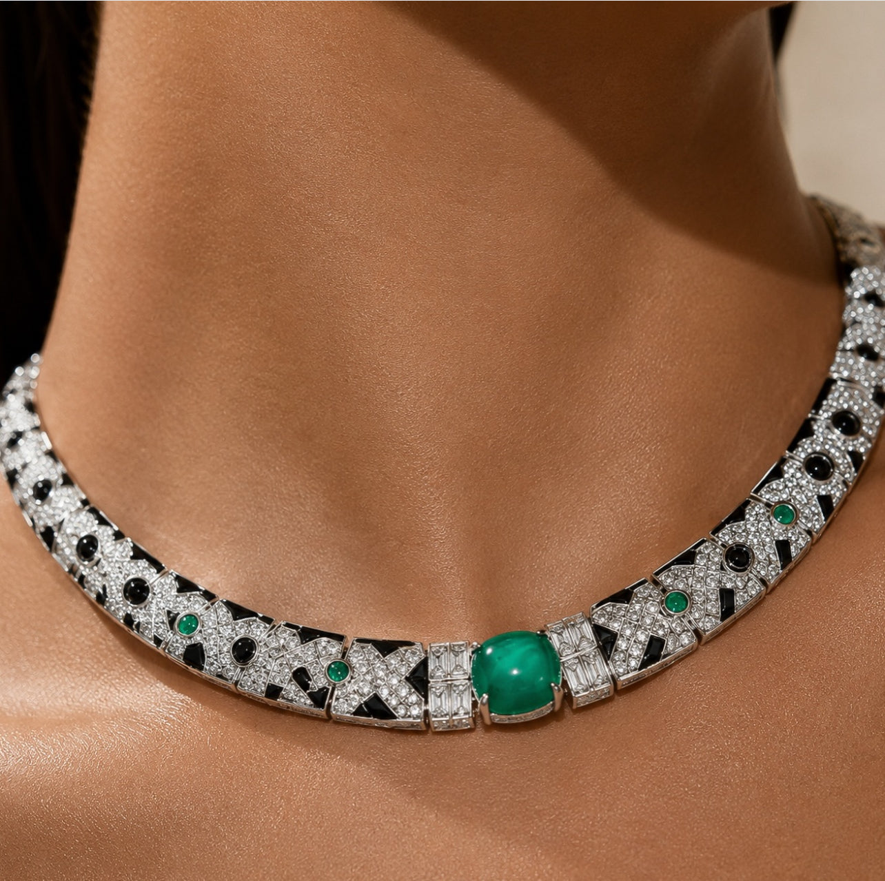 Rhodium plated faux emerald necklace earrings jewelry set”Pre-order “