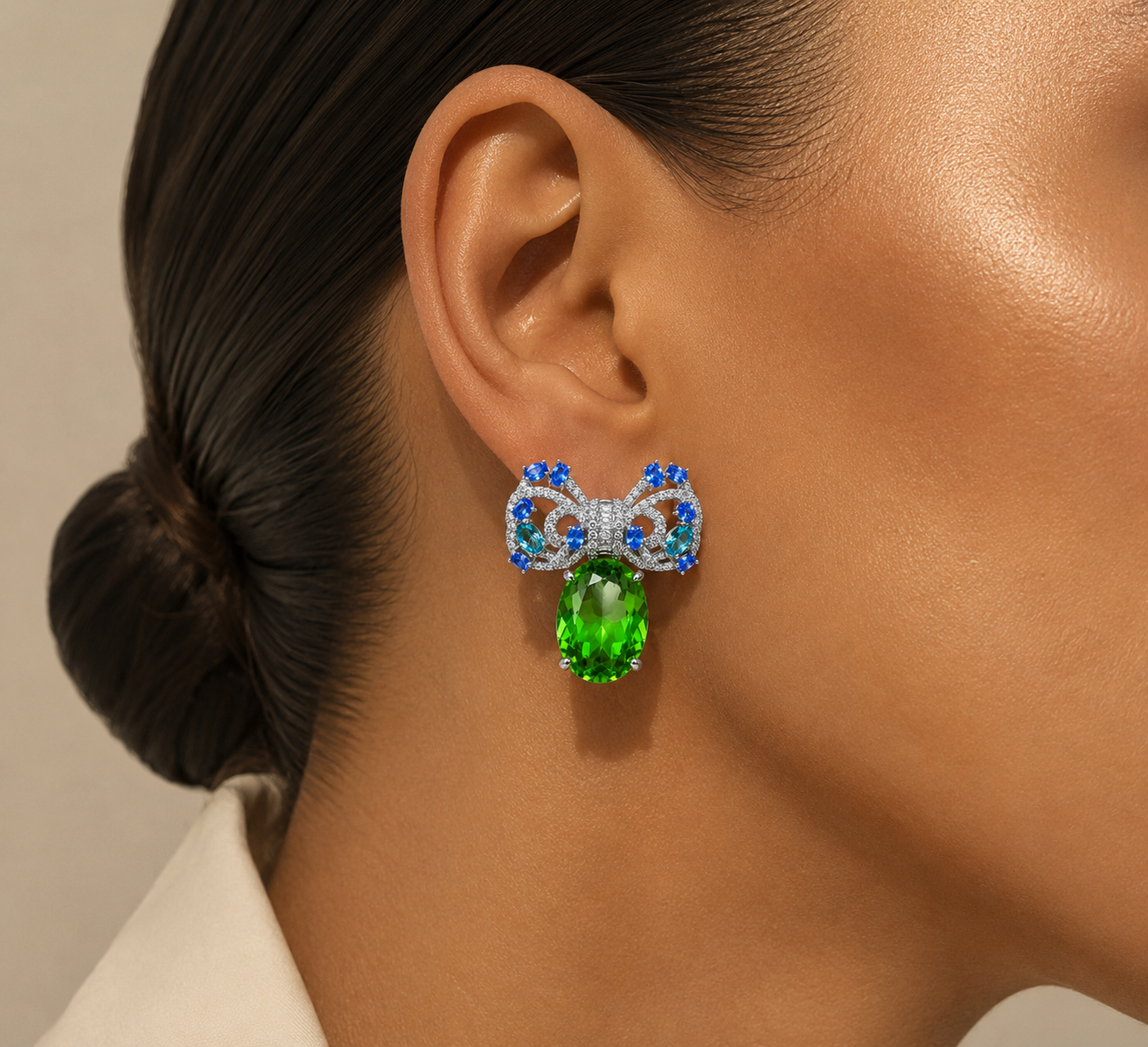 Emerald & Sapphire Bow pierced Earrings “Pre-order “