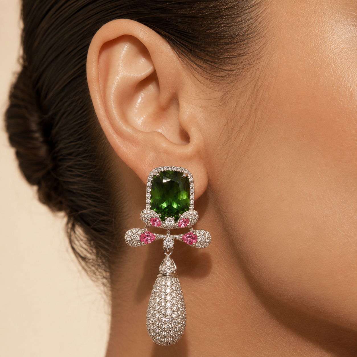 Emerald & Pink Bow Pavé Drop Earrings “ Pre-order “