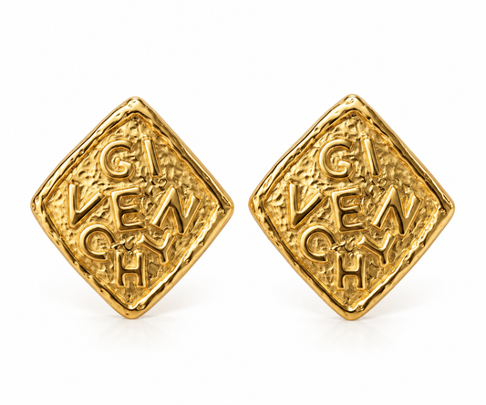 Givenchy 1980’s Logo Sign Spell Out Gold Diamond Statement Clip On Earrings