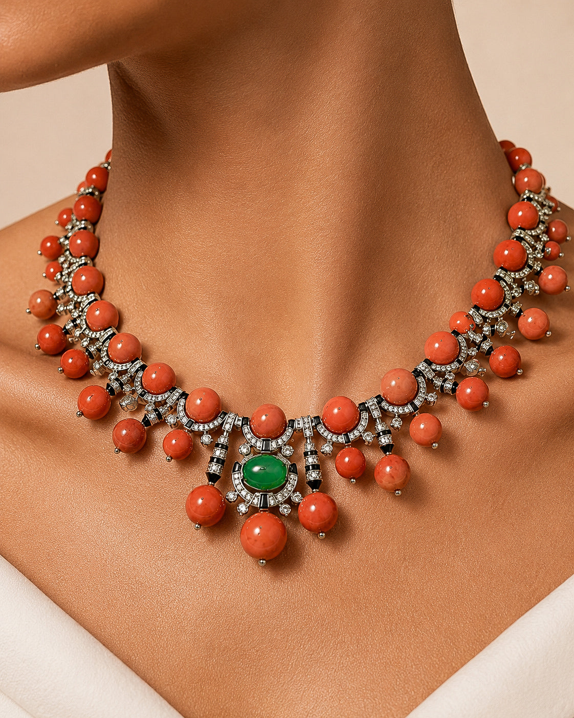 High end white gold plated coral necklace and earrings set “Pre-order “