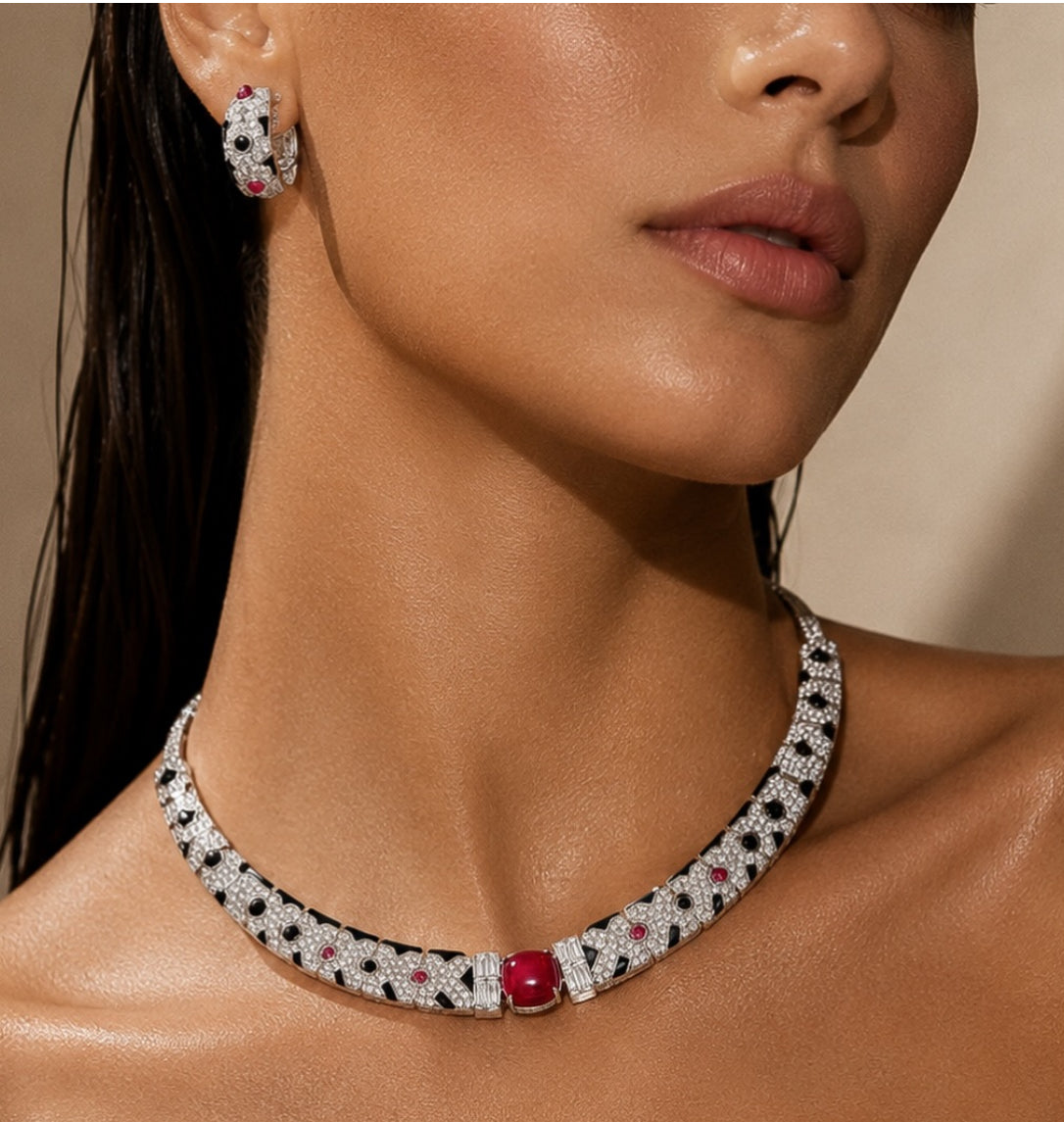 Rhodium plated ruby centered necklace earrings jewelry set “Pre-order “