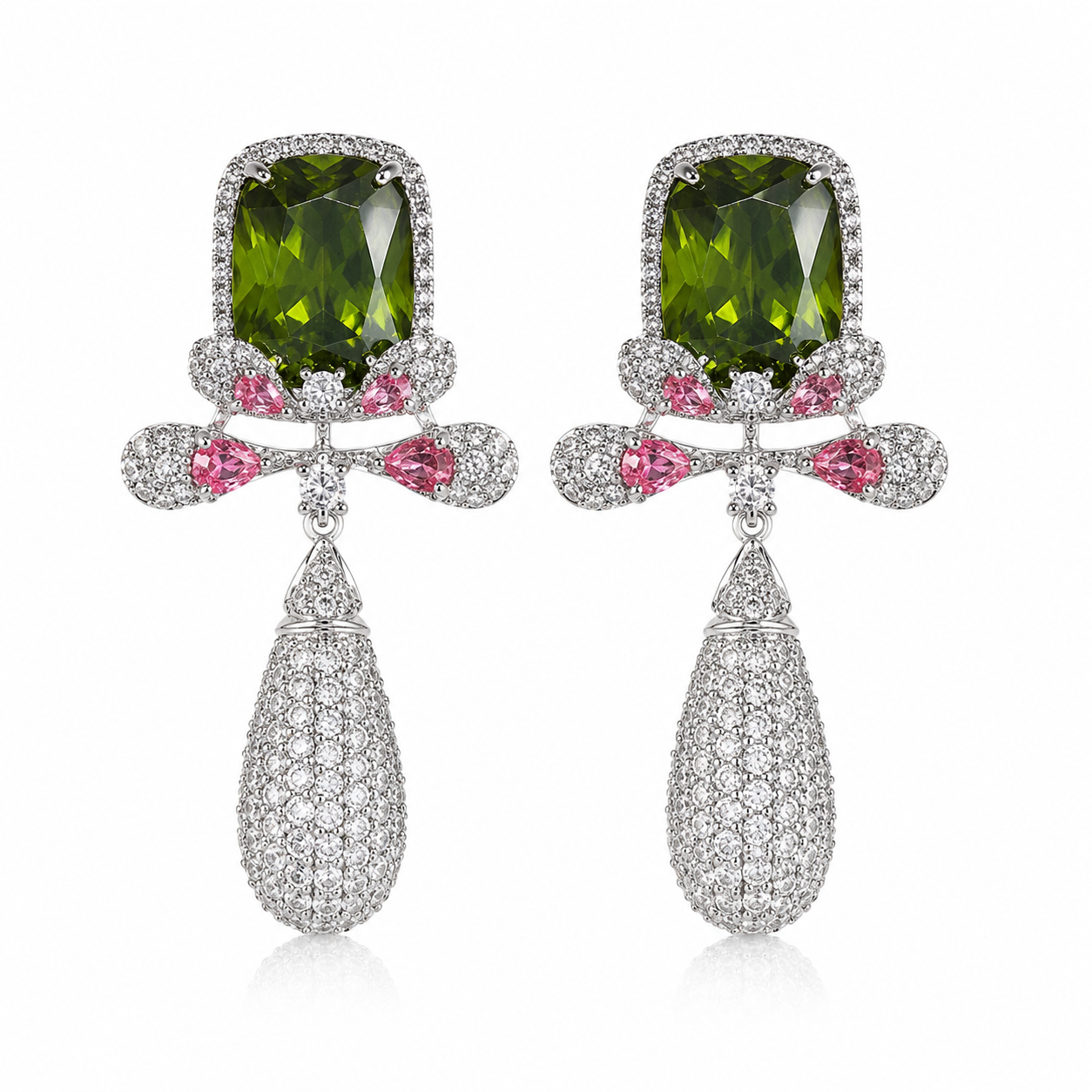 Emerald & Pink Bow Pavé Drop Earrings “ Pre-order “
