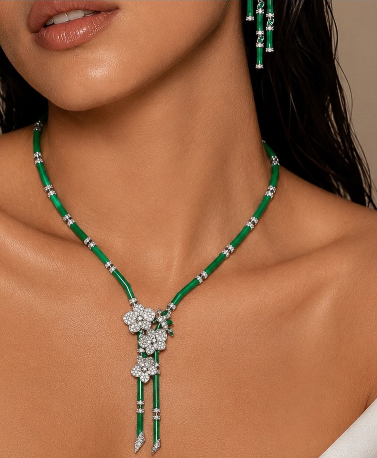 Stunning three white crystal flower necklace and earrings jewelry set “Pre-order “