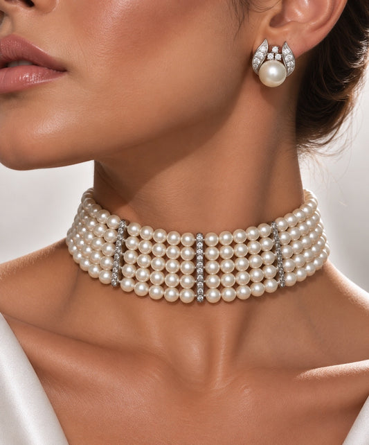 Five-Row Ivory Pearl Choker & Earrings Set “Pre-order “