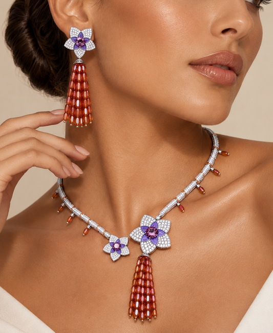 Amethyst Fleur Tassel Necklace Set “Pre-order “
