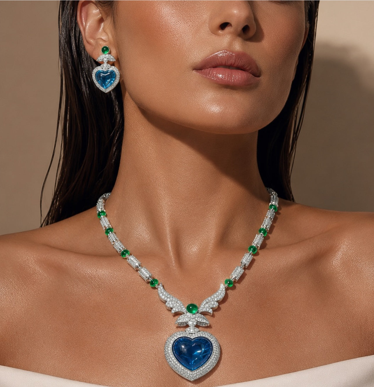 Radiant blue heart shape necklace earrings set “ Pre-order “