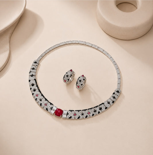 Rhodium plated ruby centered jewelry set “Pre-order “