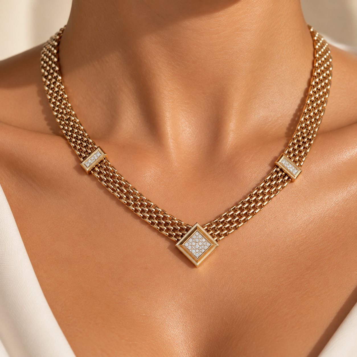 1980s Vintage Geometric Crystal Necklace & Earrings Set