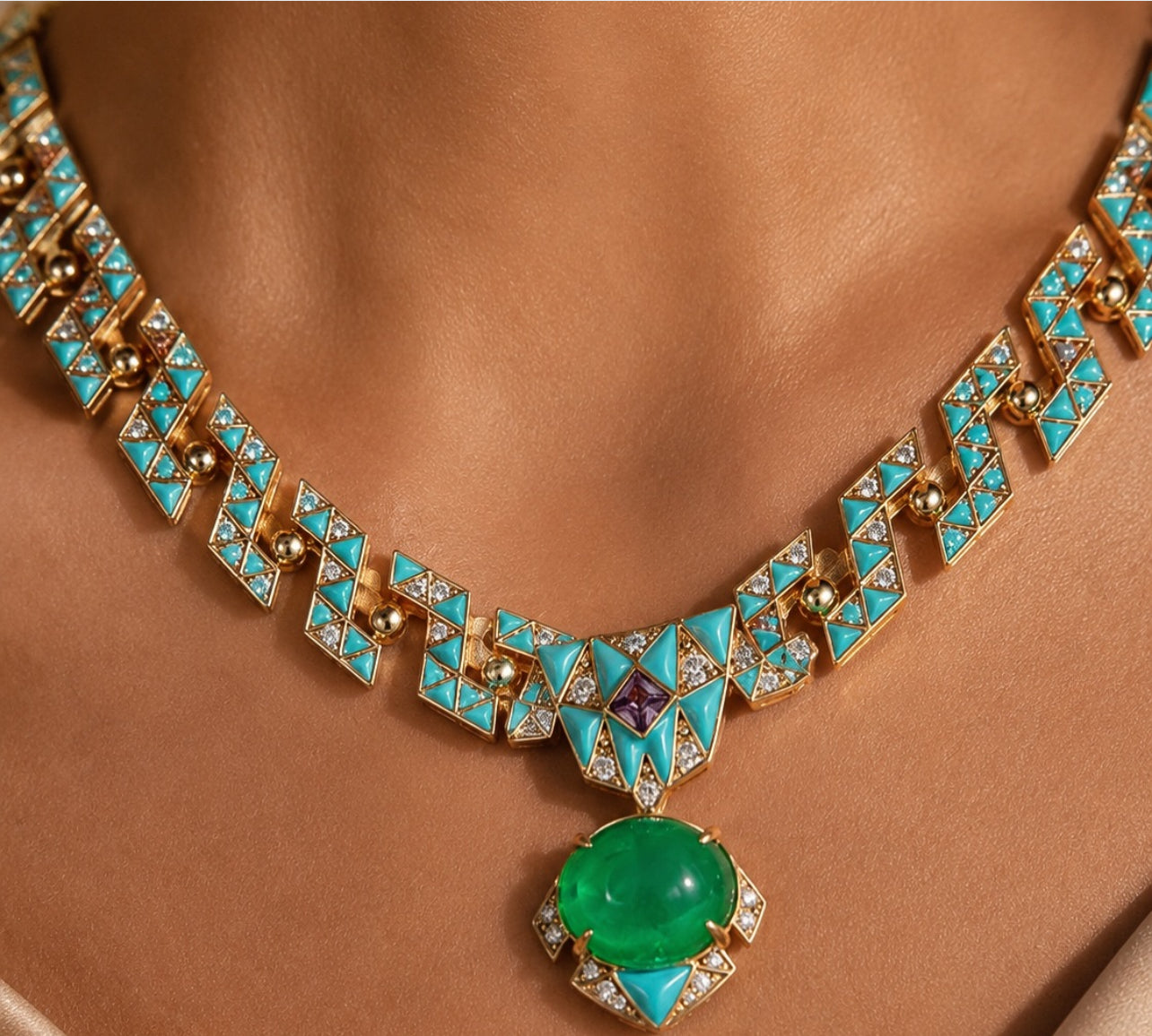 High end gold plated faux emerald necklace earrings jewelry set “Pre-order “