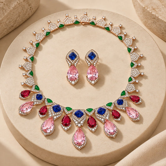 Multicolor Statement Teardrop Necklace & Earrings Set “Pre-order “