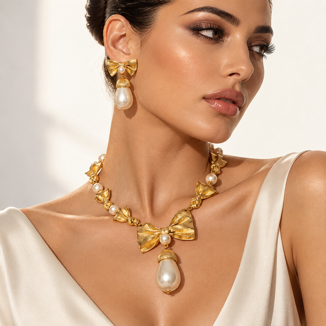 1980s Vintage Bow & Pearl Statement Necklace & Earrings Set