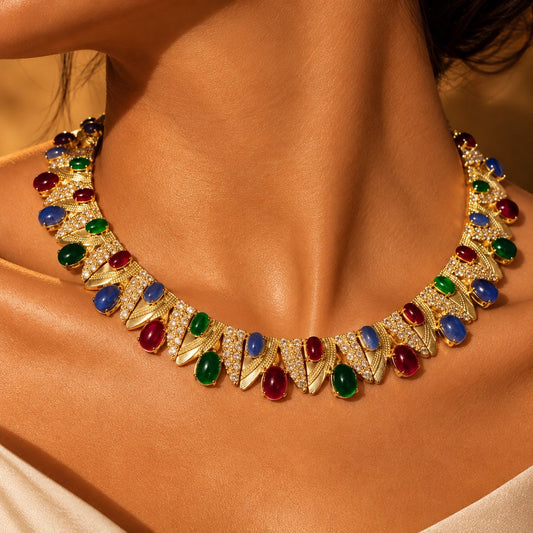 1980s-Inspired Multicolor Cabochon & Crystal Collar Set “Pre-order “