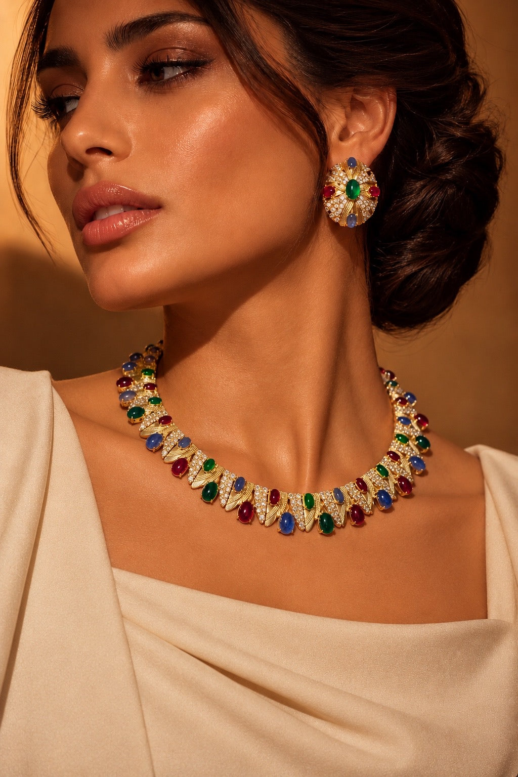 1980s-Inspired Multicolor Cabochon & Crystal Collar Set “Pre-order “