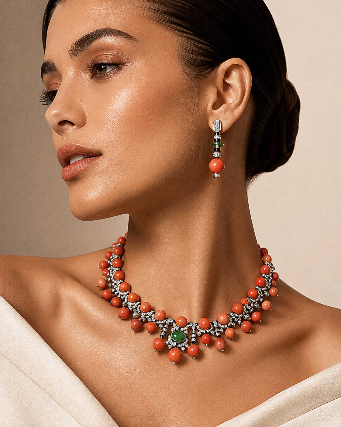 High end white gold plated coral necklace and earrings set “Pre-order “