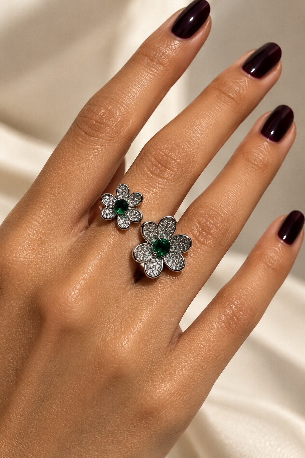 S925 Emerald Green Double Flower Statement adjustable Ring