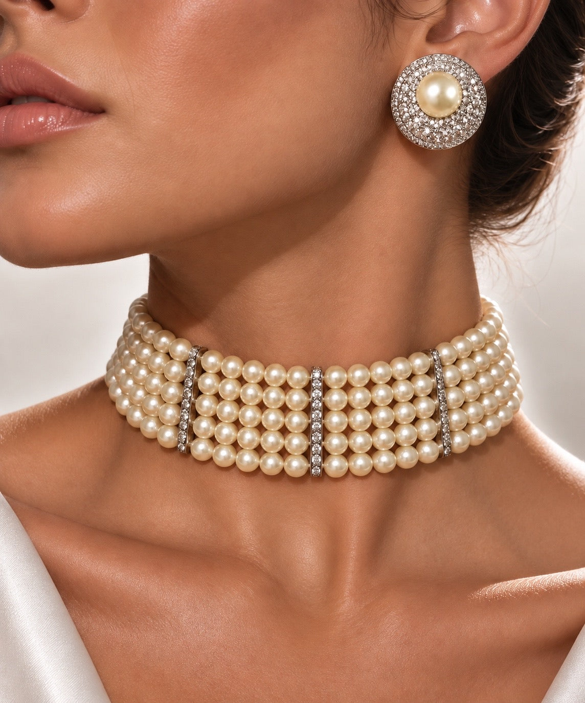 Ivory silver tone Pearl Pavé Choker & Earrings Set “Pre-order “