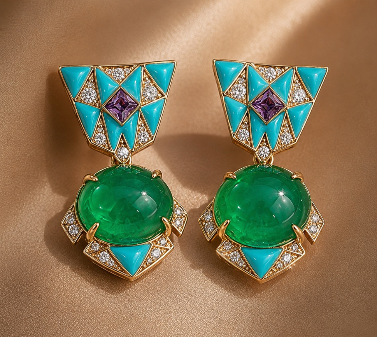 High end gold plated faux emerald necklace earrings jewelry set “Pre-order “