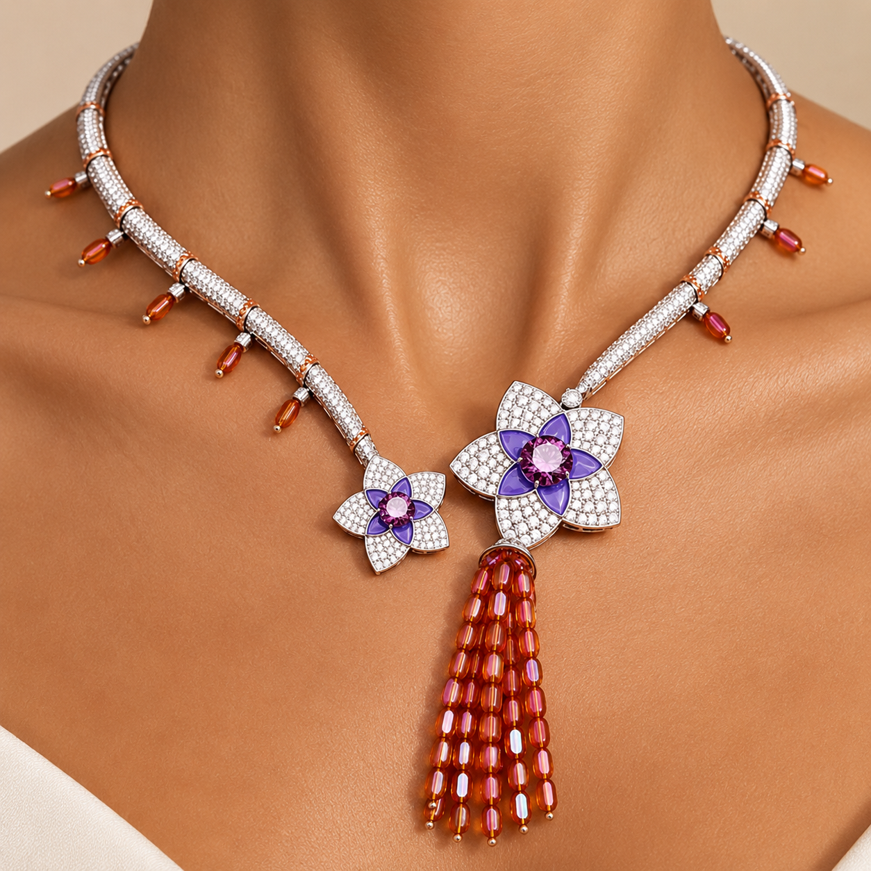 Amethyst Fleur Tassel Necklace Set “Pre-order “