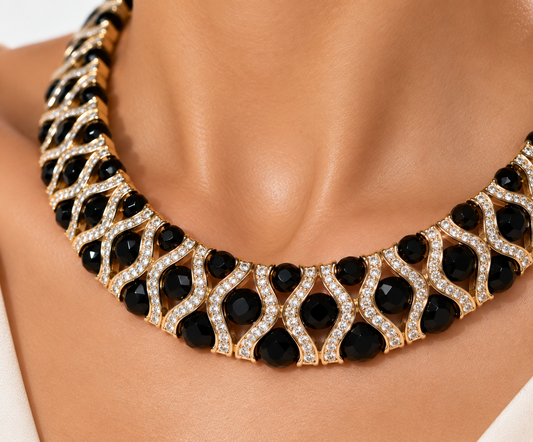 1980s Vintage Black Cabochon & Crystal Statement Necklace