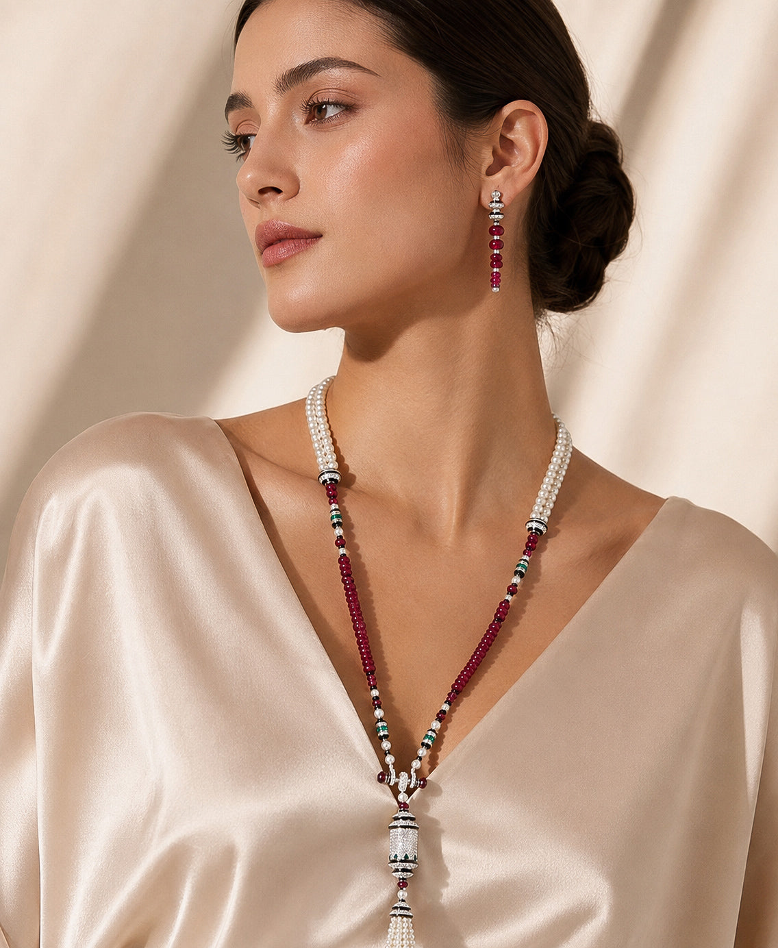 Royal Ruby Pearl Tassel jewelry Necklace set “Pre-order “