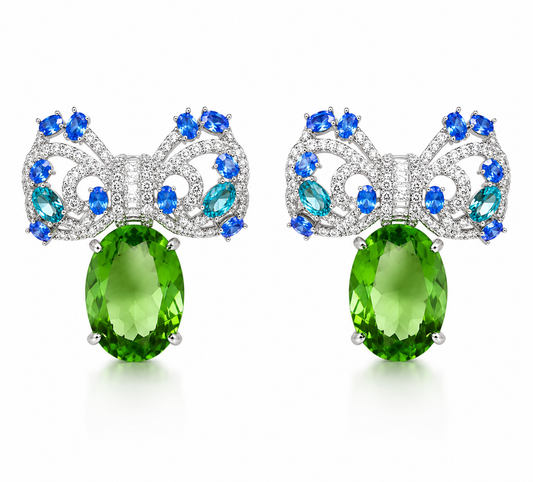 Emerald & Sapphire Bow pierced Earrings “Pre-order “