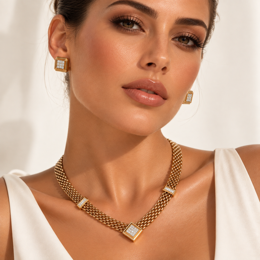 1980s Vintage Geometric Crystal Necklace & Earrings Set
