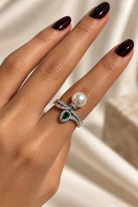 S925 Pearl & Emerald Green Statement adjustable Ring