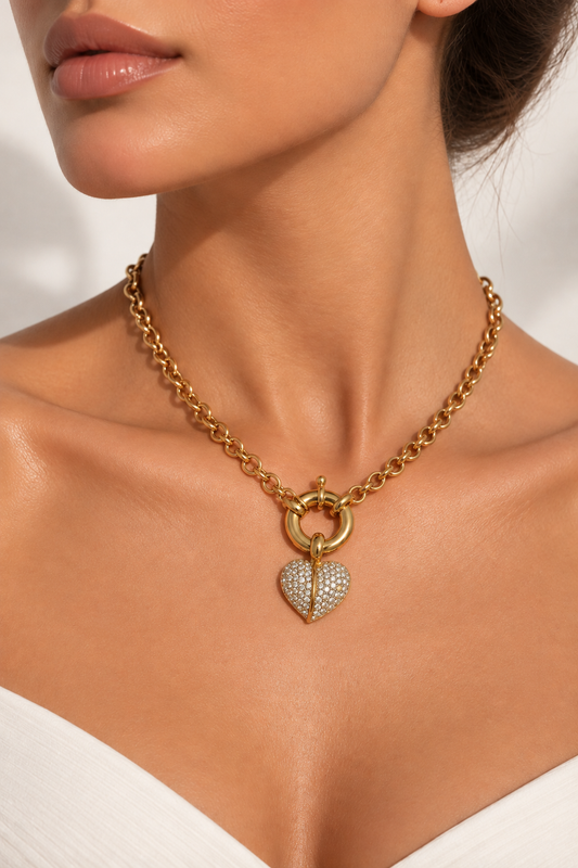 Vintage Crystal Heart Necklace & clip-on Earrings Set
