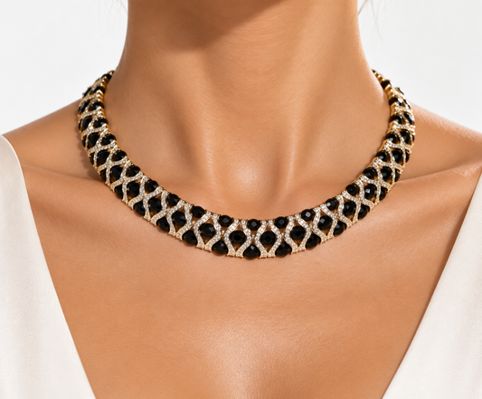 1980s Vintage Black Cabochon & Crystal Statement Necklace