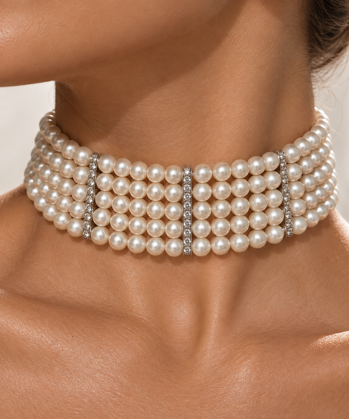 Five-Row Ivory Pearl Choker & Earrings Set “Pre-order “