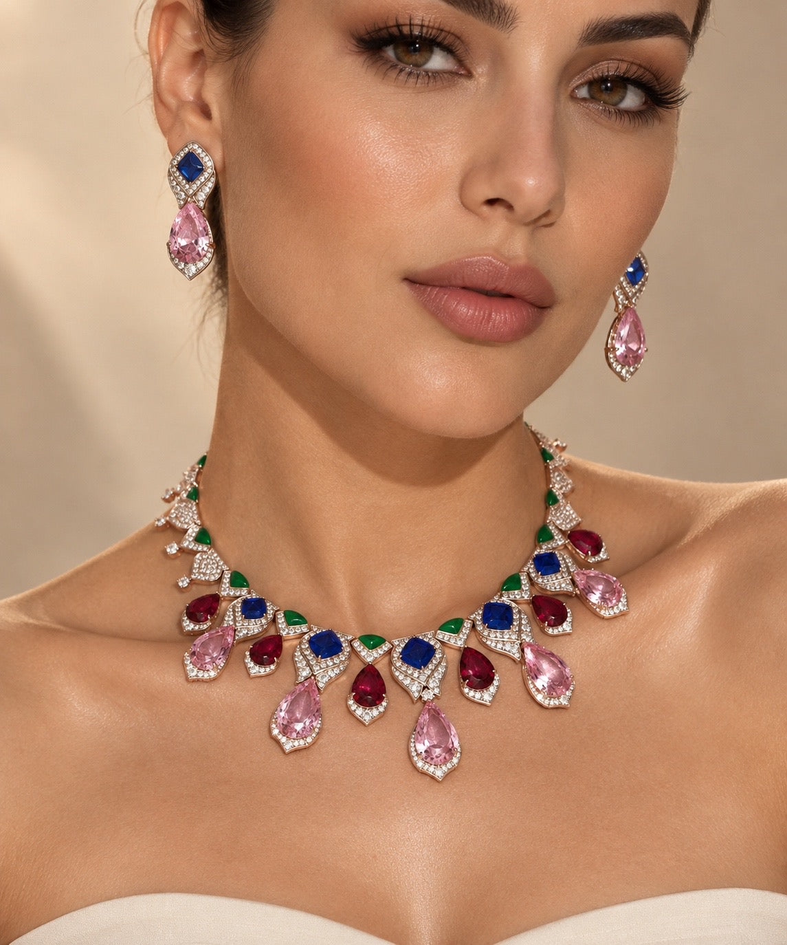 Multicolor Statement Teardrop Necklace & Earrings Set “Pre-order “