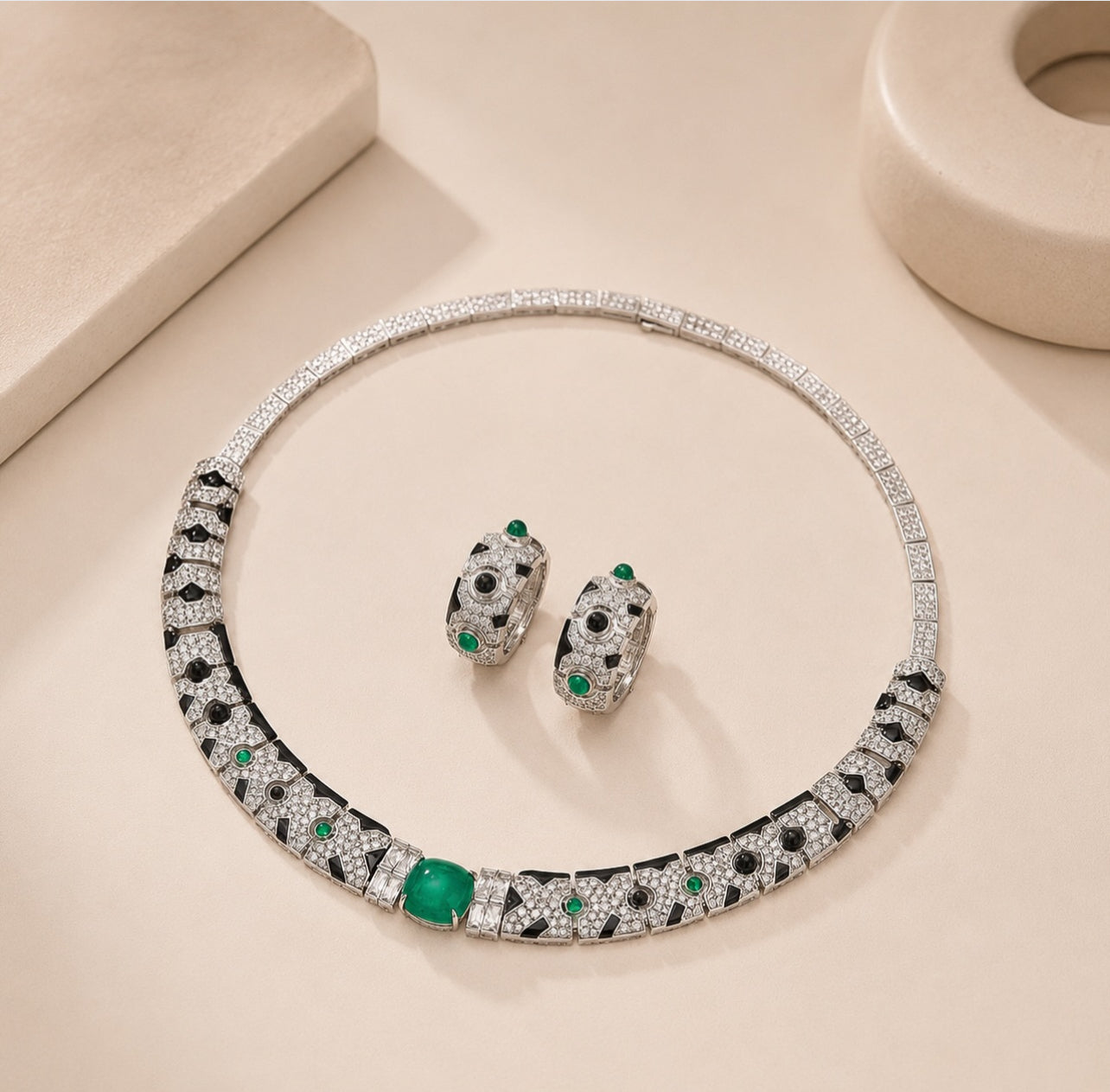 Rhodium plated faux emerald necklace earrings jewelry set”Pre-order “