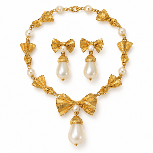 1980s Vintage Bow & Pearl Statement Necklace & Earrings Set