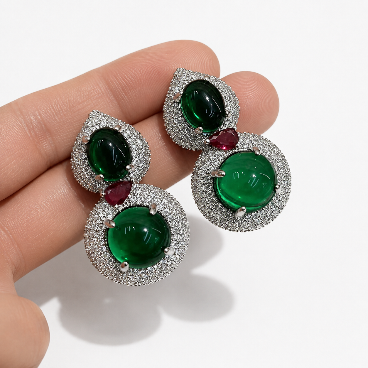 Emerald & Ruby Cabochon Drop Earrings "Pre-order”