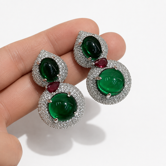 Emerald & Ruby Cabochon Drop Earrings "Pre-order”