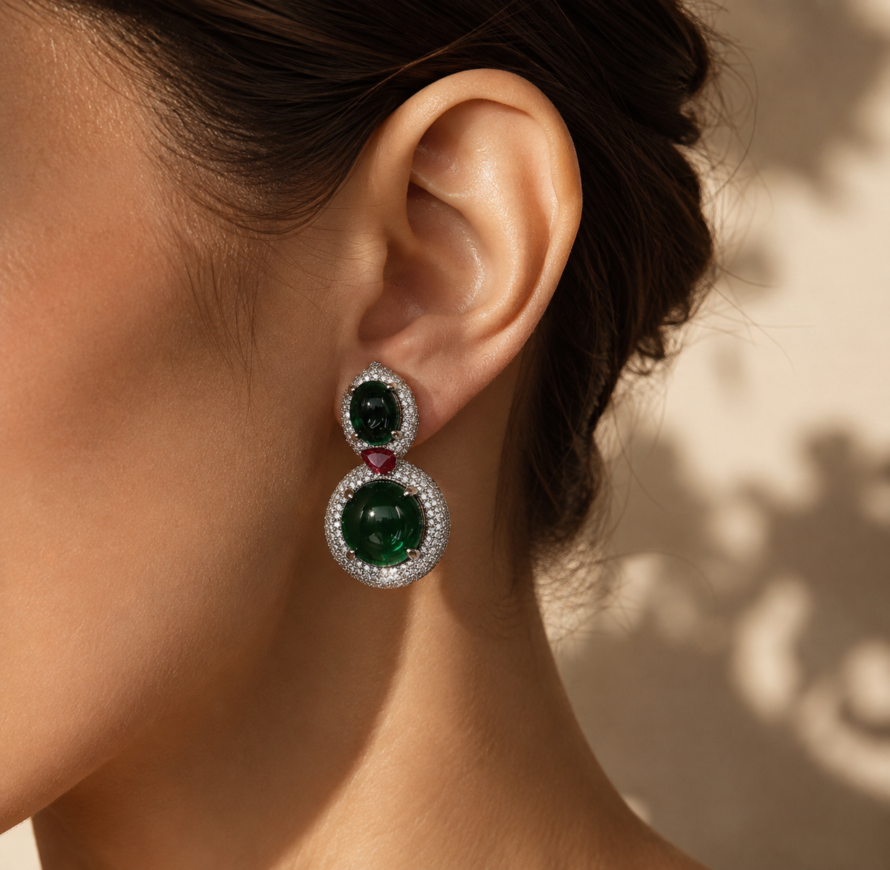 Emerald & Ruby Cabochon Drop Earrings "Pre-order”