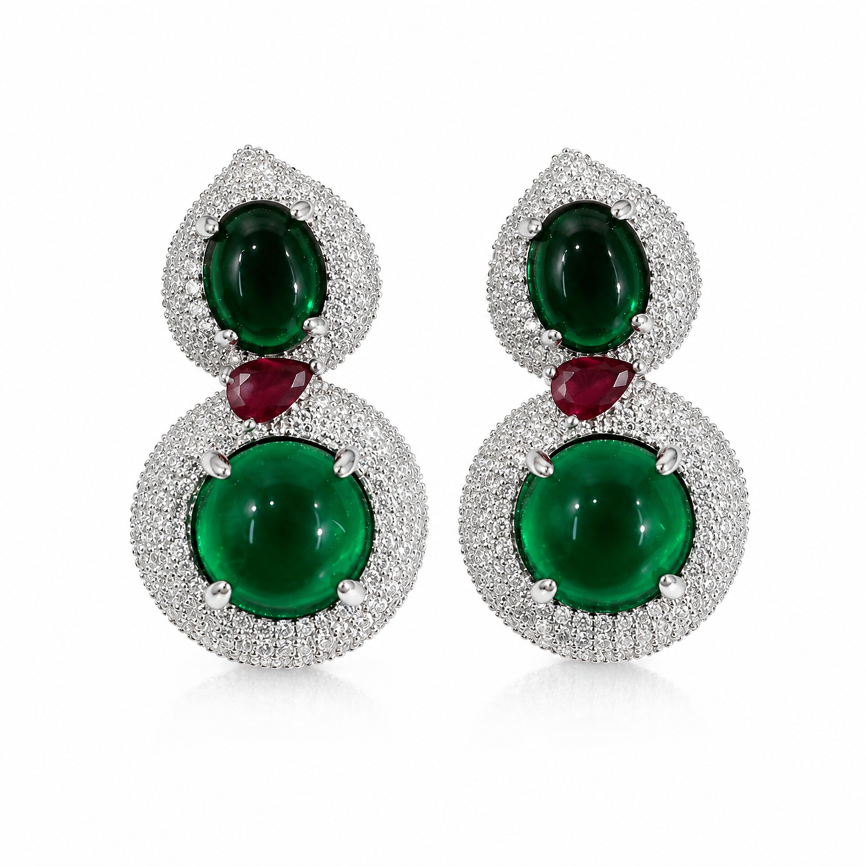 Emerald & Ruby Cabochon Drop Earrings "Pre-order”