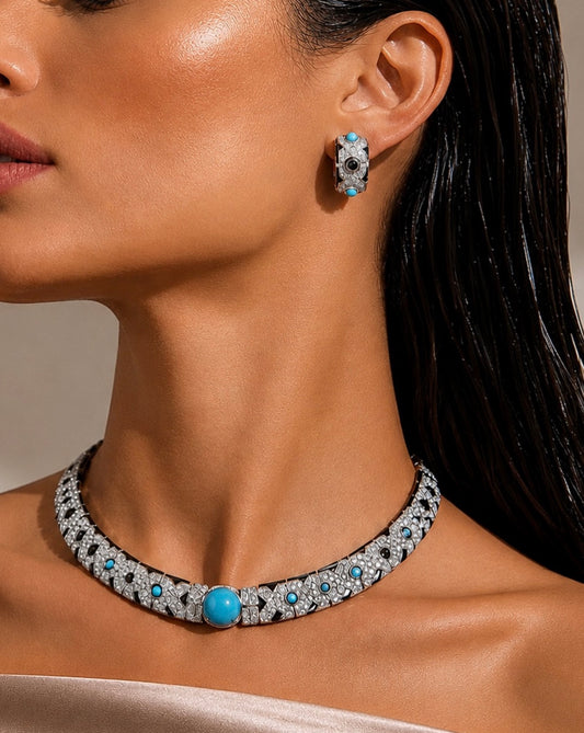 Art Deco Turquoise & Onyx Statement Jewelry Set