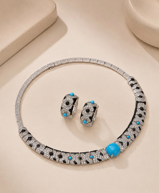 Art Deco Turquoise & Onyx Statement Jewelry Set