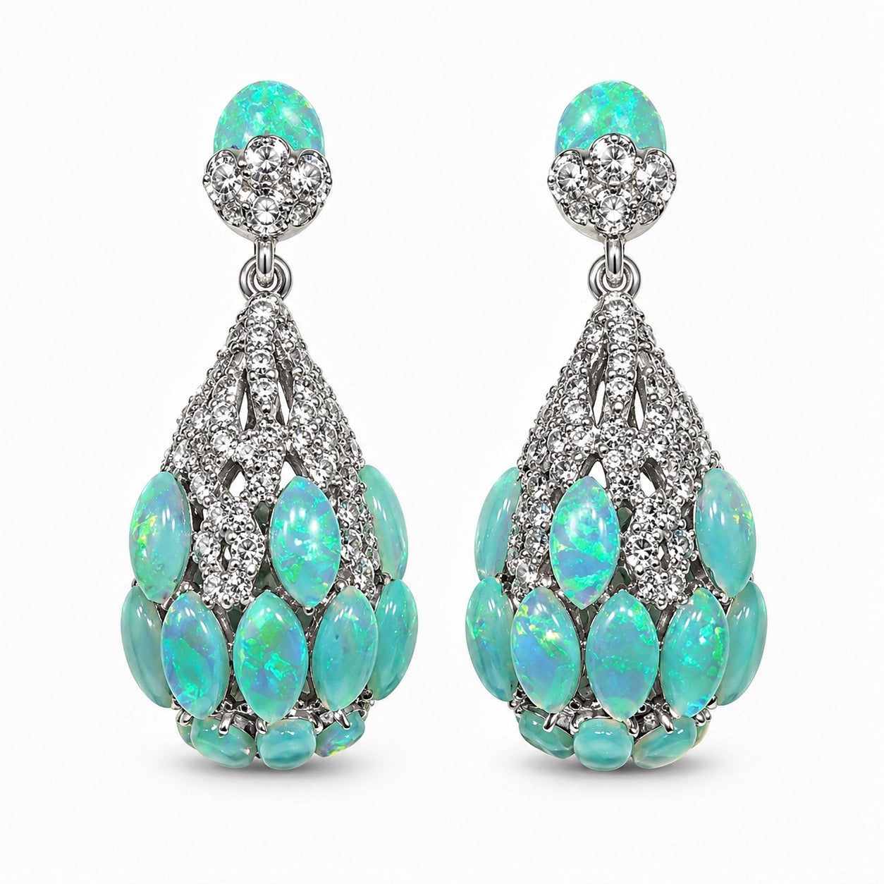 Opal Radiance Rhodium-Plated Statement Earrings “Pre-order “