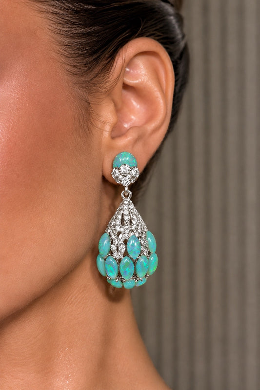 Opal Radiance Rhodium-Plated Statement Earrings “Pre-order “